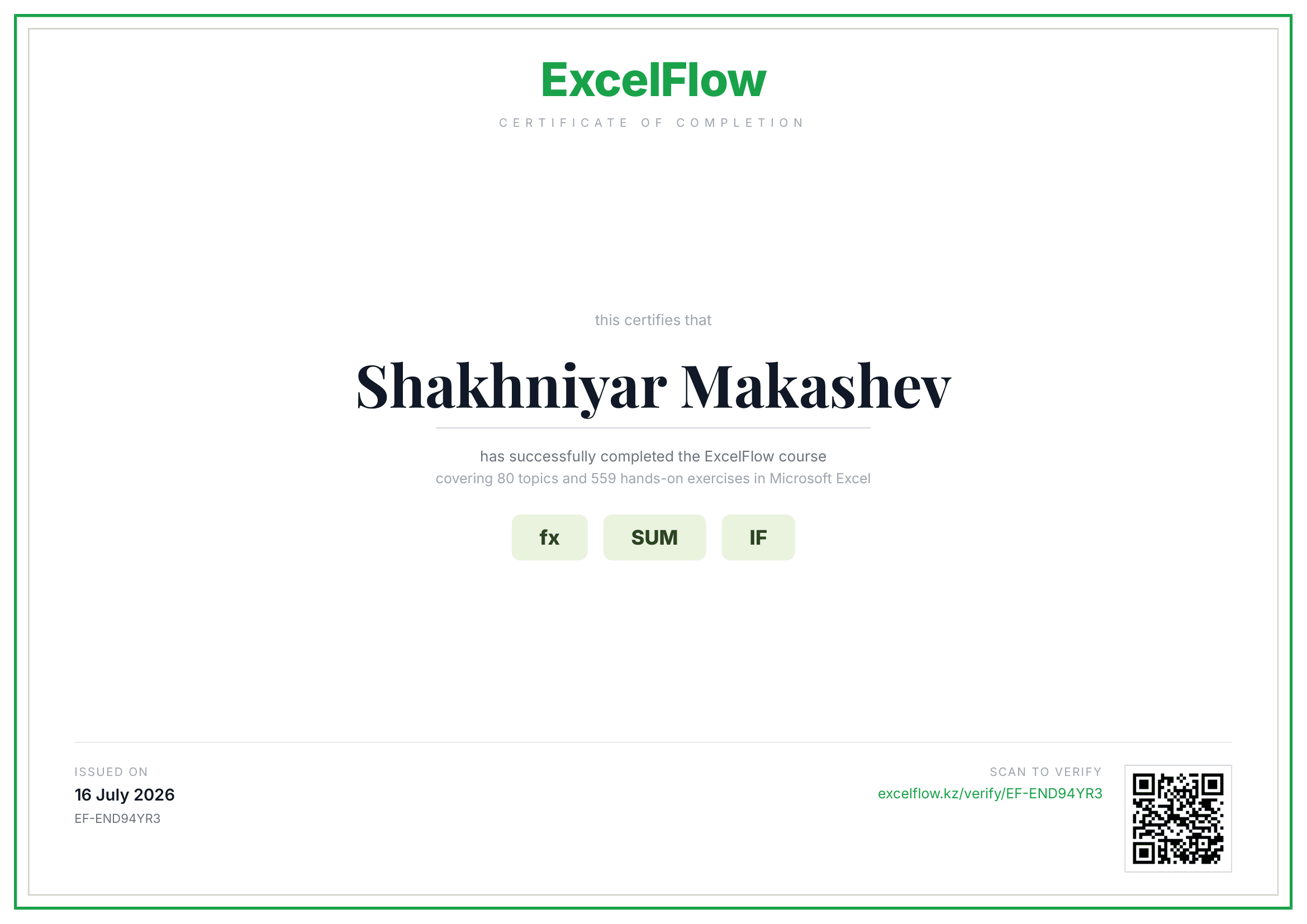 Образец сертификата ExcelFlow с QR-кодом и номером