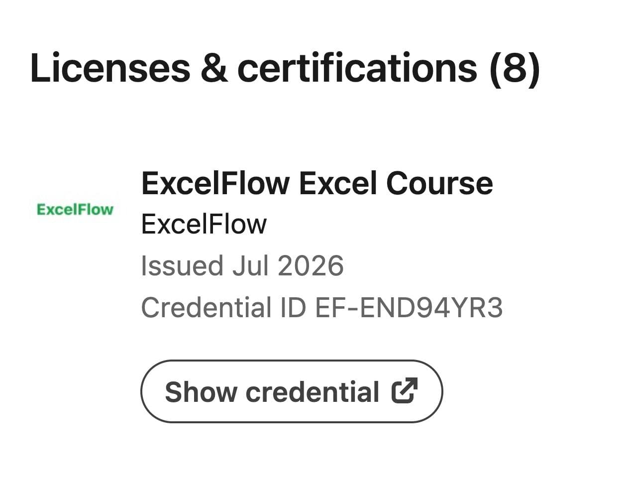Сертификат ExcelFlow в разделе «Лицензии и сертификаты» на LinkedIn